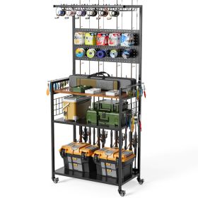 Fishing Rod Storage Rack With Pegboard, Rolling Tackle Organizer Cart, Multi-Tier Fishing Gear Stand For Rods, Reels, Tackle Boxes & Bags, Heavy Duty (Option: Black)